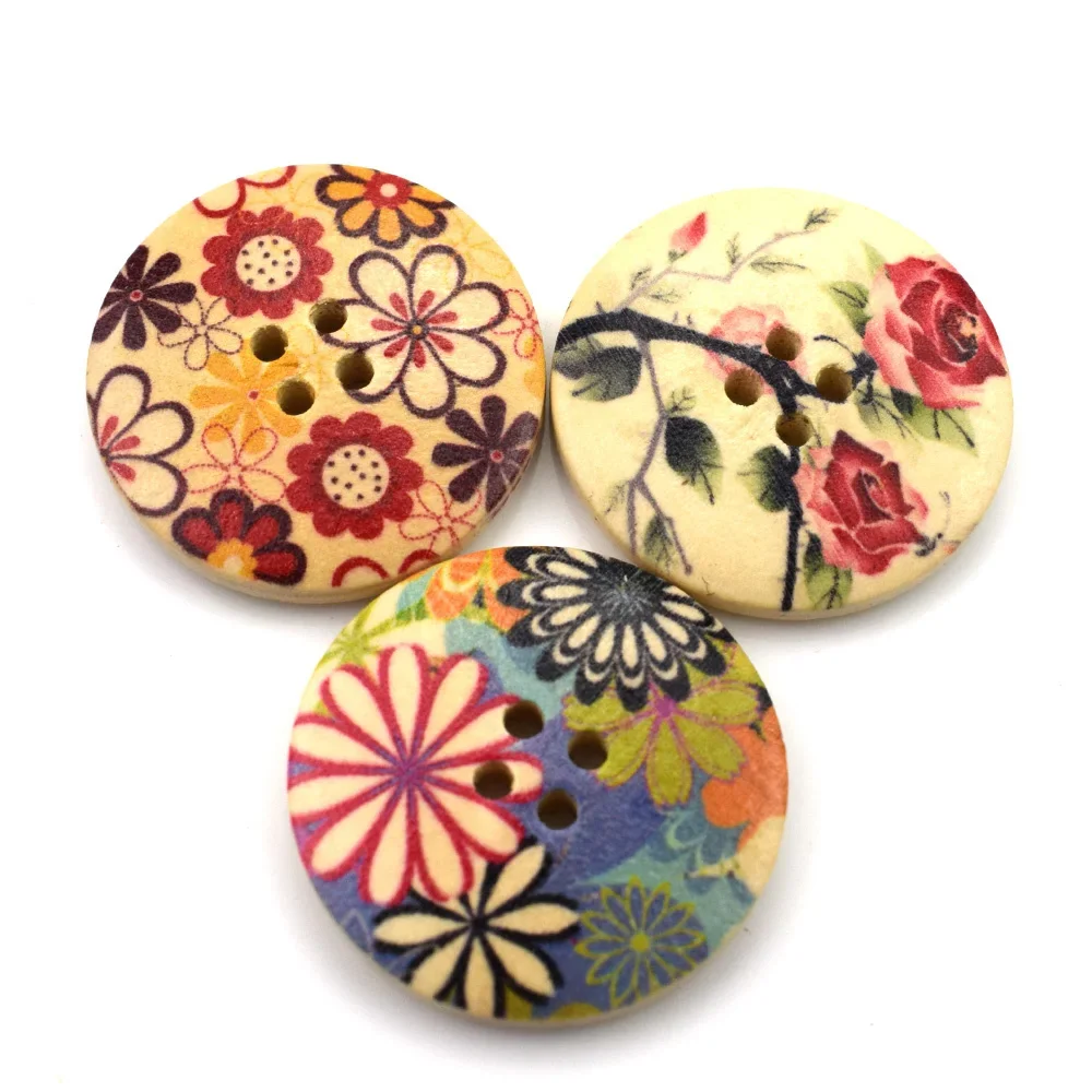 Mix Wood Flower Buttons for Clothing Sewing, 10Pcs, 30mm, 4 Holes, Decorative Crafts, Home Decor