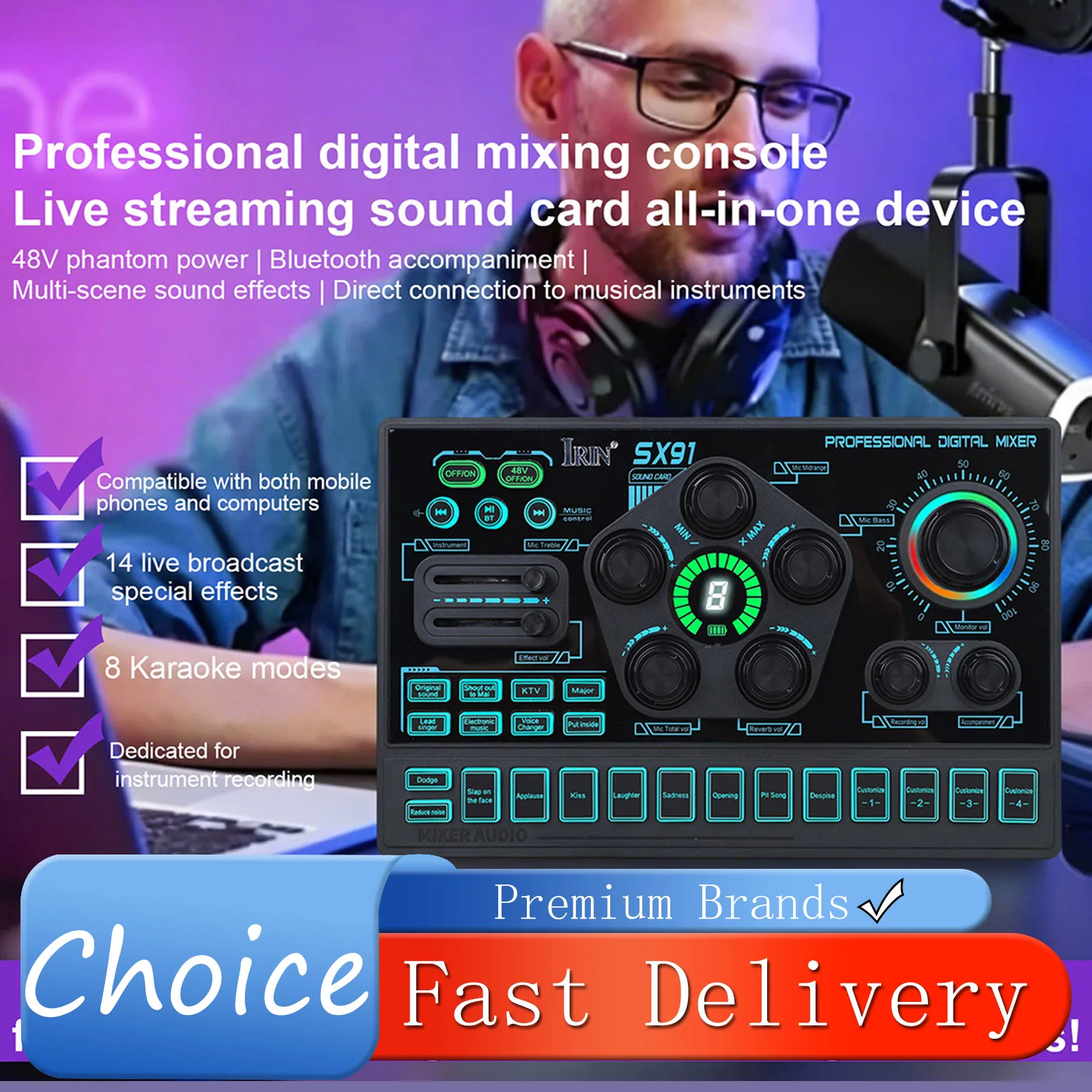 irin-sx91-48v-audio-interface-live-sound-card-multifunctional-with-bluetooth-voice-changer-sound-effects-for-streaming-podcast