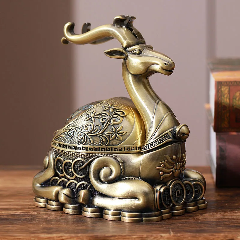 

Vintage Deer-shaped Large Ashtray Creative Metal Ashtray Living Room Office with Lid Anti-Flying Ash Container Decor Ornament