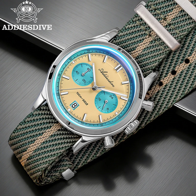 DDIESDIVE AD2542 Men Luxury Chronograph Quartz Watch Japanese 0S21 24 Hour Display 38mm Steel Case Bubble Crystal 100M Waterproo