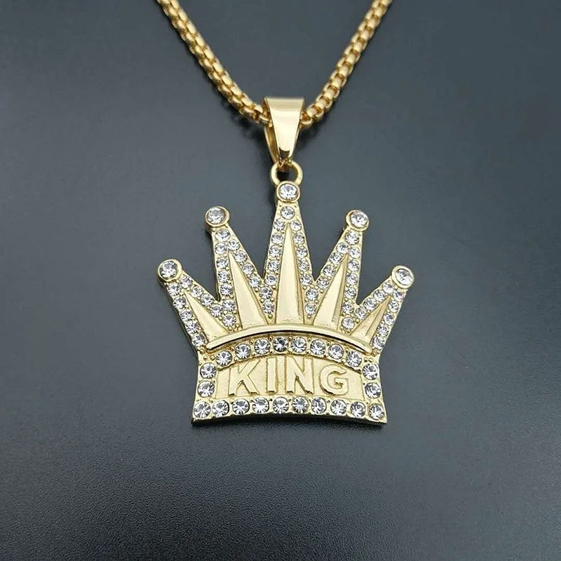 King Crown Pendant Necklace Men's Fashion Titanium Steel Necklace Gold Plated Rhinestones Hip Hop Jewelry Gift