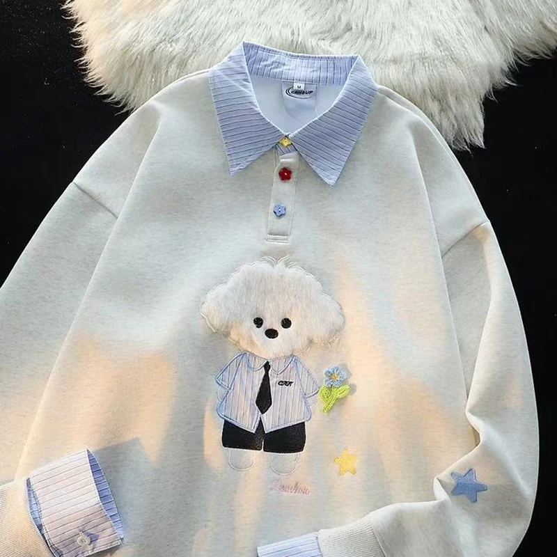 

Cute Puppy Patchwork Sweatshirt Women Spring Korean Loose Lapel Splicing Hoodie Y2K Female Vintage Peppy All Match Pullovers New