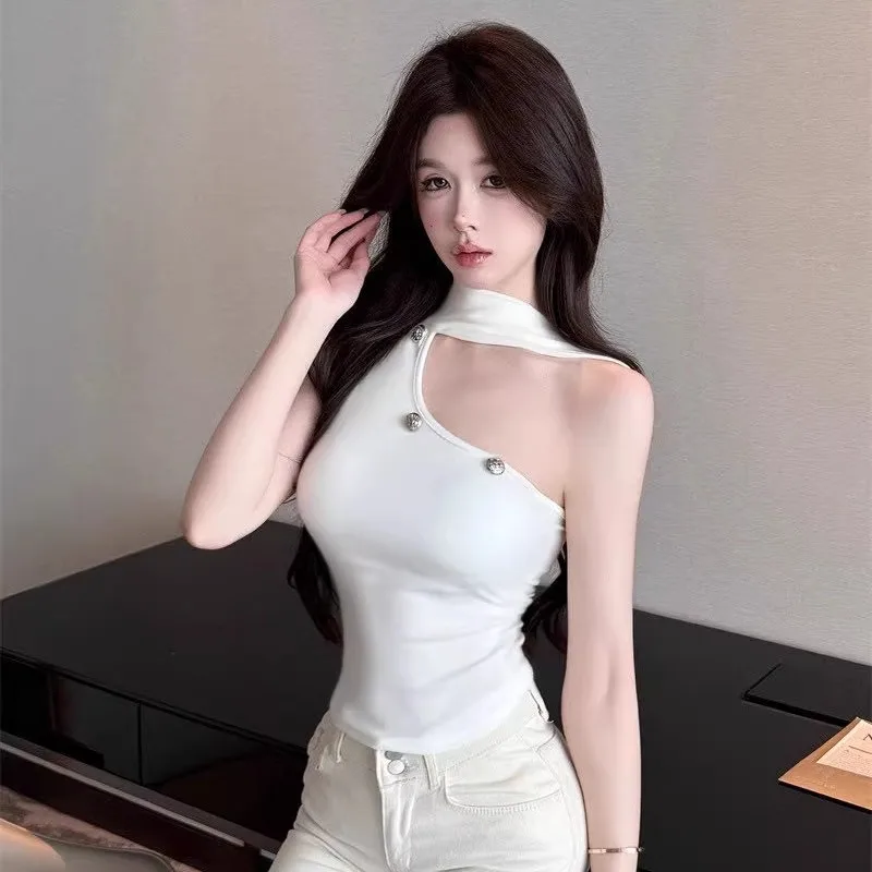 Autumn New Style Pure Desire Women's Vest Shoulder Exposure Design Slim Fit with Fixed Belt Cotton Blend Short Length Casual ...
