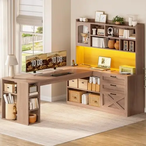 Farmhouse L Shaped Office Desk with Drawers, 61” Computer Desk with Storage Shelves and Power Outlet, Corner Gaming