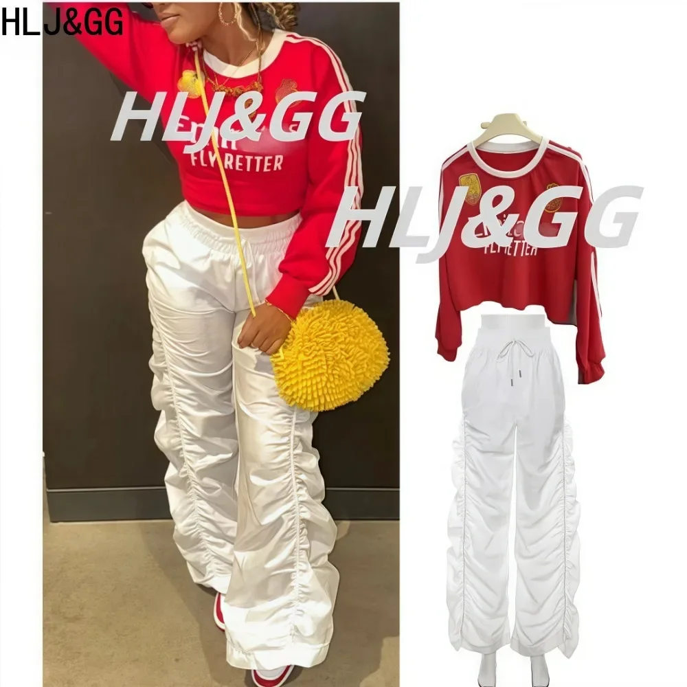 

HLJ&GG Retro American Fashion Streetwear Women Letter Print Long Sleeve Crop Top + Drawstring Ruched Pants Two Piece Sets Outfit