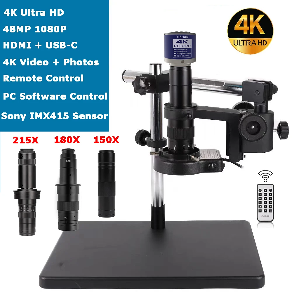4K Digital Microscope HDMI USB 1080P HD Microscope CCD Camera 150X 180X 215X Zooms PC Software Control for Repairing