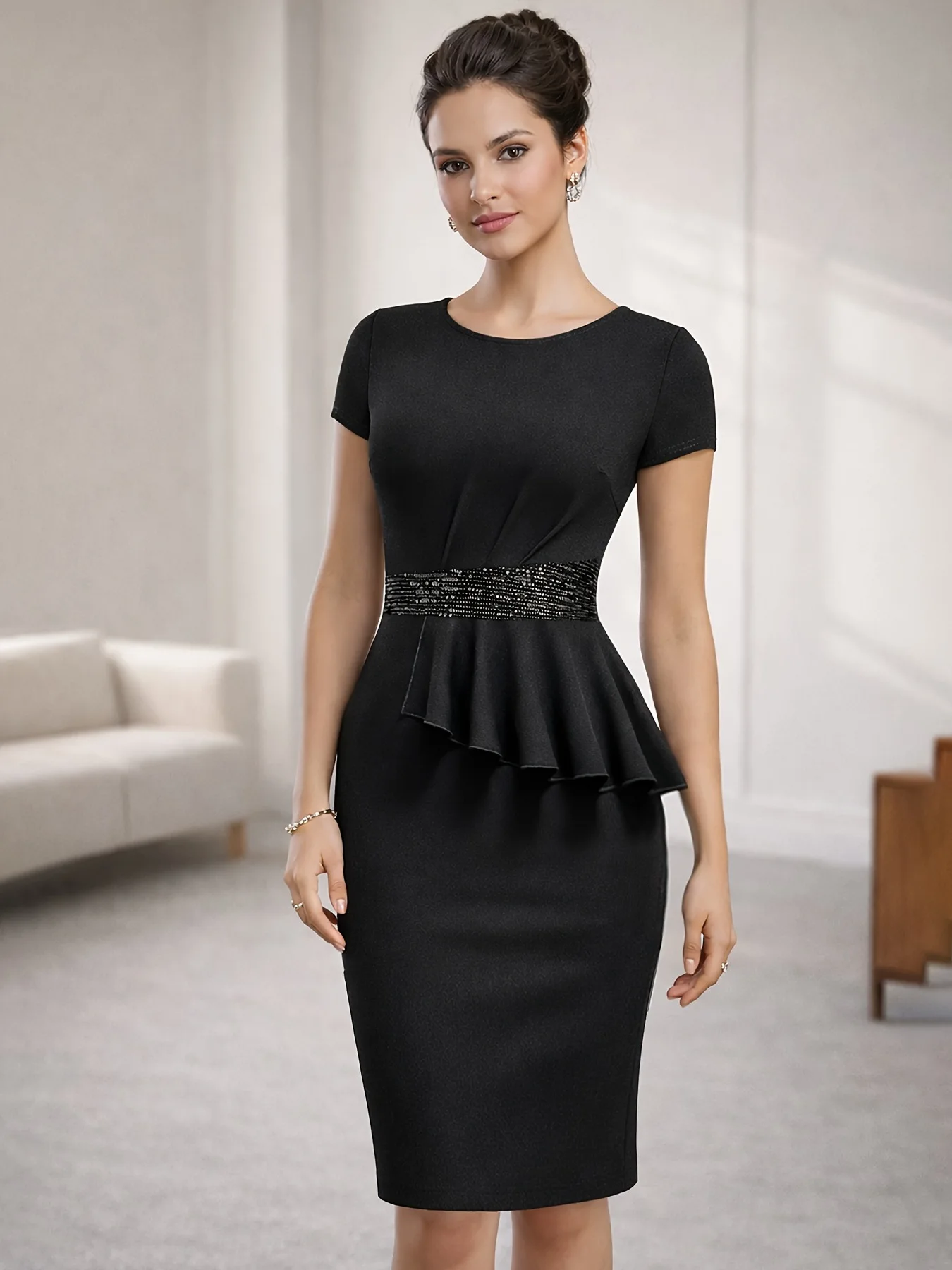 Summer Women's Elegant Ruffled Waist Sequined Black Round-Neck Short-Sleeved Dress - New Fashionable Gown for Ladies