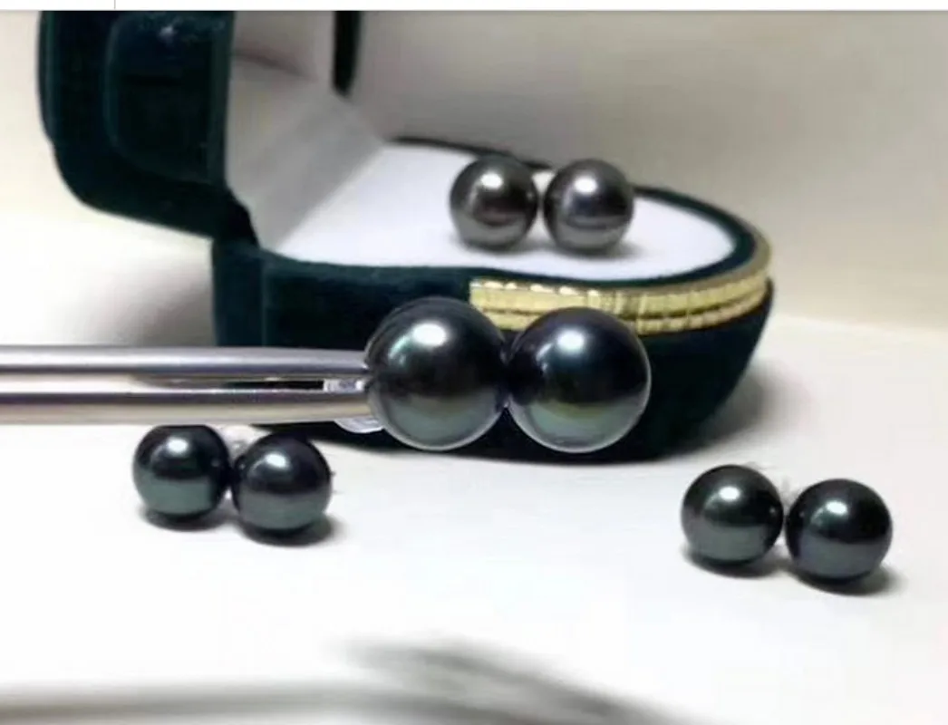 PAIR OF 9-10MM NATURAL SOUTH SEA TAHITIAN GENUINE BLACK ROUND PEARL STUD EARRING  silver earrings