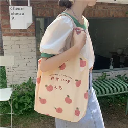 Cute Strawberry Tote Bag Aesthetic for School Girls Purses Shopper Designer Handbag Japanese Women Peach Print Eco Shoulder Bags