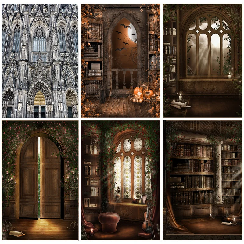 

Goth Fairy Tale Old Palace Bookshelf Arch Window Baby Portrait Photography Backdrops Halloween Photo Backgrounds 20813WSH-01