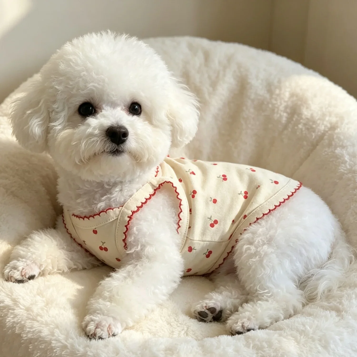 Sommerweste für kleine Hunde, niedliches Kirschmuster, Haustierkleidung, atmungsaktives ärmelloses Welpenshirt aus Baumwolle für Bichon Teddy Cat – Detail 13