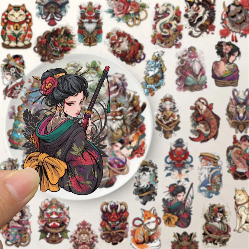 50PCS Japanese Art Stickers Ukiyo-e Vintage Clear Scrapbook Decal Japan Culture Stickers Aesthetic Waterproof Vinyl Pack Sticker