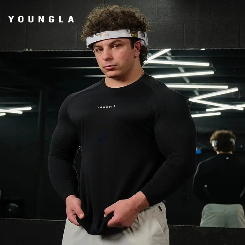 

YOUNGLA Autumn men's long sleeved T-shirt for bodybuilding fitness quick drying breathable and elastic tight fitting clothes