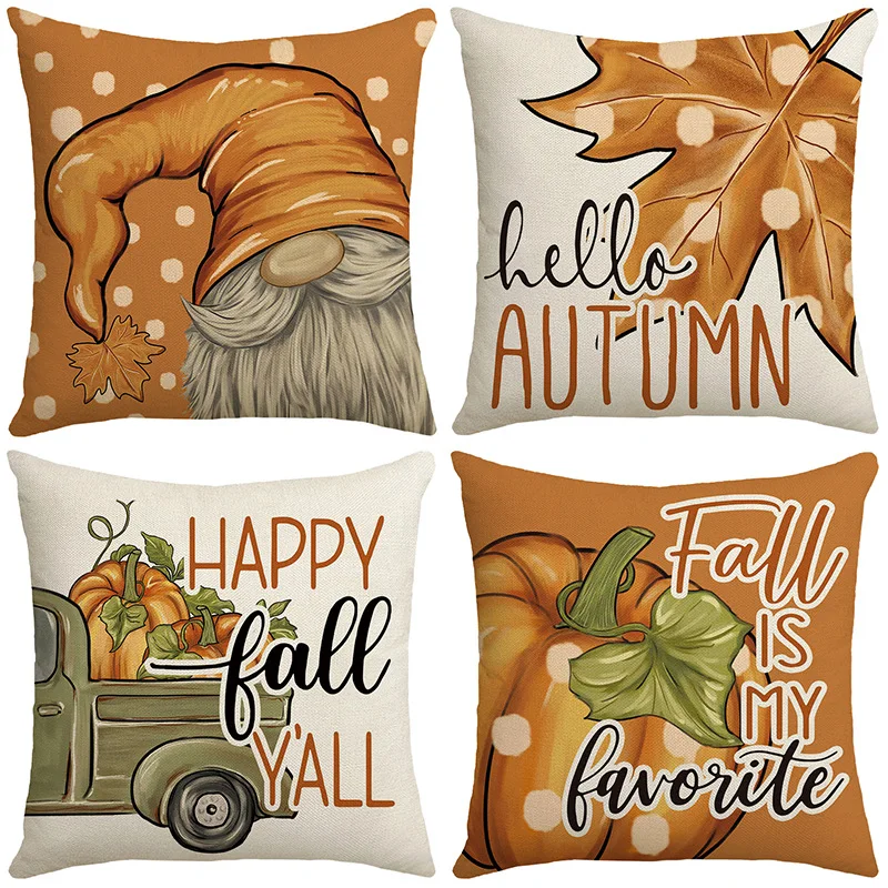 

Pumpkin Maple Leaves Gnome Print Pillowcase 45x45cm Linen Pillowslips Thanksgiving Decorations Pillow Covers Decor Cushion Cover