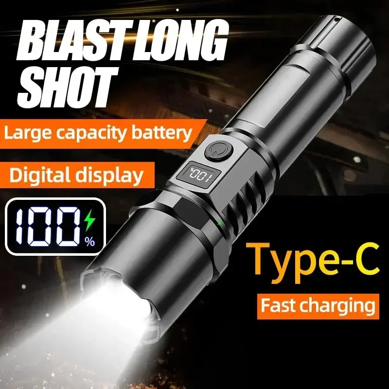Powerful Long Range Flashlight Multi-Functional Spotlight Type C Built-in 18650 Battery Outdoor Zoom LED Tactical Torch