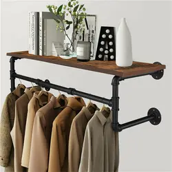 Industrie rohr Kleider ständer Wand Holz regal Rohr regal schwimmende Regale Einzelhandel Kleider ständer Display Racks