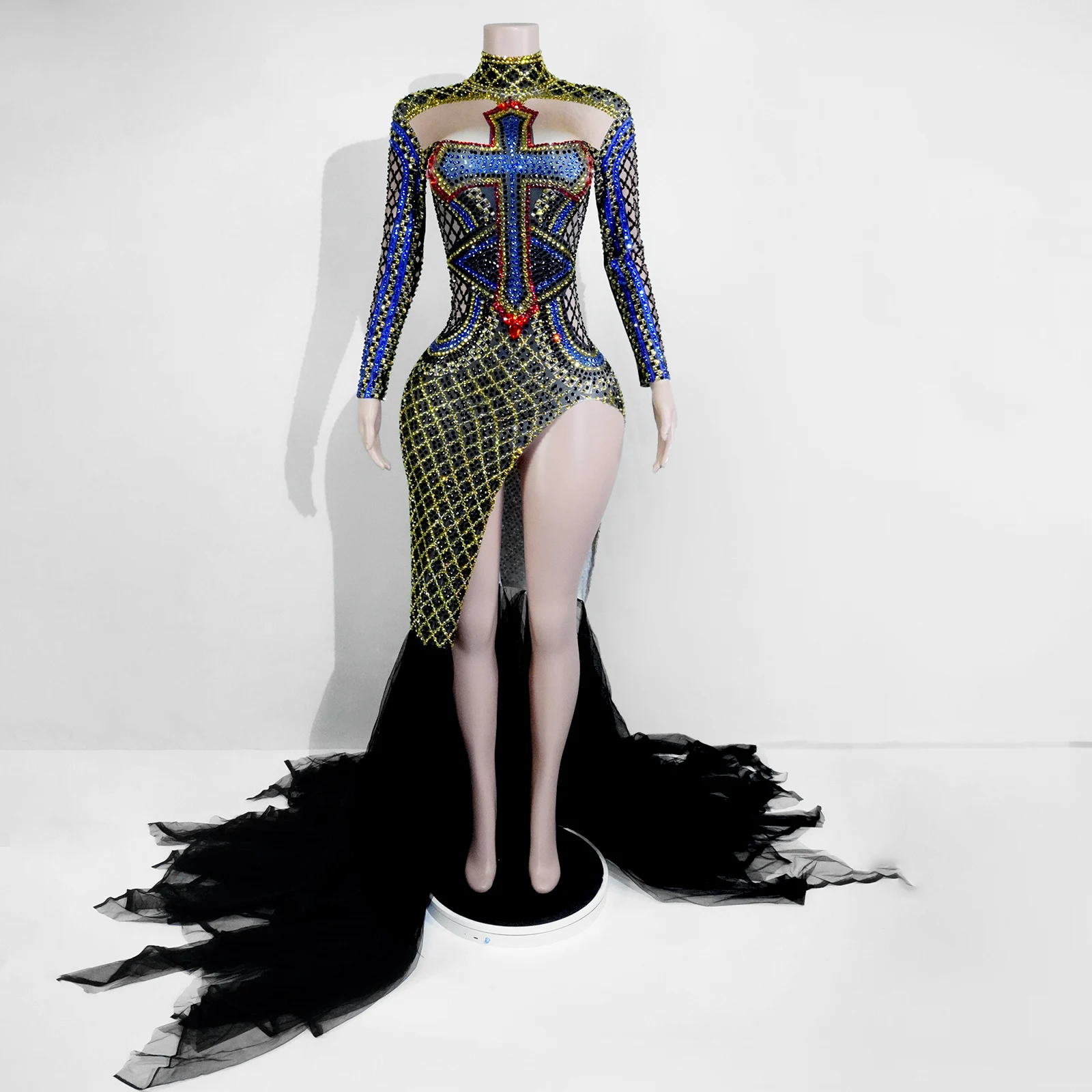 حجر الراين الصليب مزين عالية الرقبة بأكمام طويلة عالية الشق الذيل المرحلة فستان حفلة عيد ميلاد ملهى ليلي سحب الملكة ملابس رقص