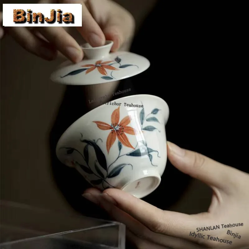 115ml Plant Ash Handmade Cover Bowl Household Boutique Handpainted Gaiwan Traditional Tea Tureen Tea Making Cha Ornament Gifts
