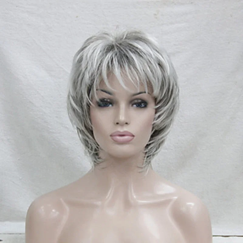 Synthetic Hair Wig Curly  Pixie Cut  Layered Haircut  With Bangs  Highlighted  Balayage  Gray Wig