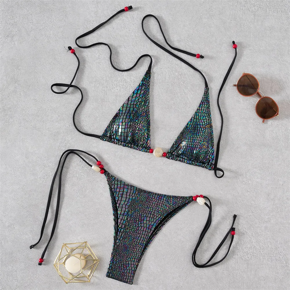

Sexy Bead Tie Triangle Micro Bikini Thong Set Swimsuit Women 2026 String Halter Fish Scale Swimwear Bathing Suit Bikinis Mujer