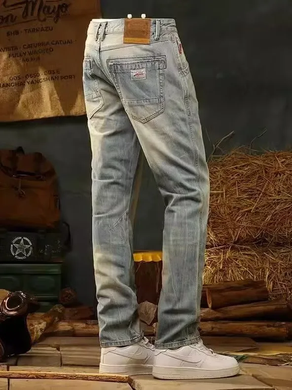 Summer Washed Loose Straight Leg Men's Jeans Retro Vintage Large Size Casual Jeans Durable Straight Tube Jeans Youth Trend