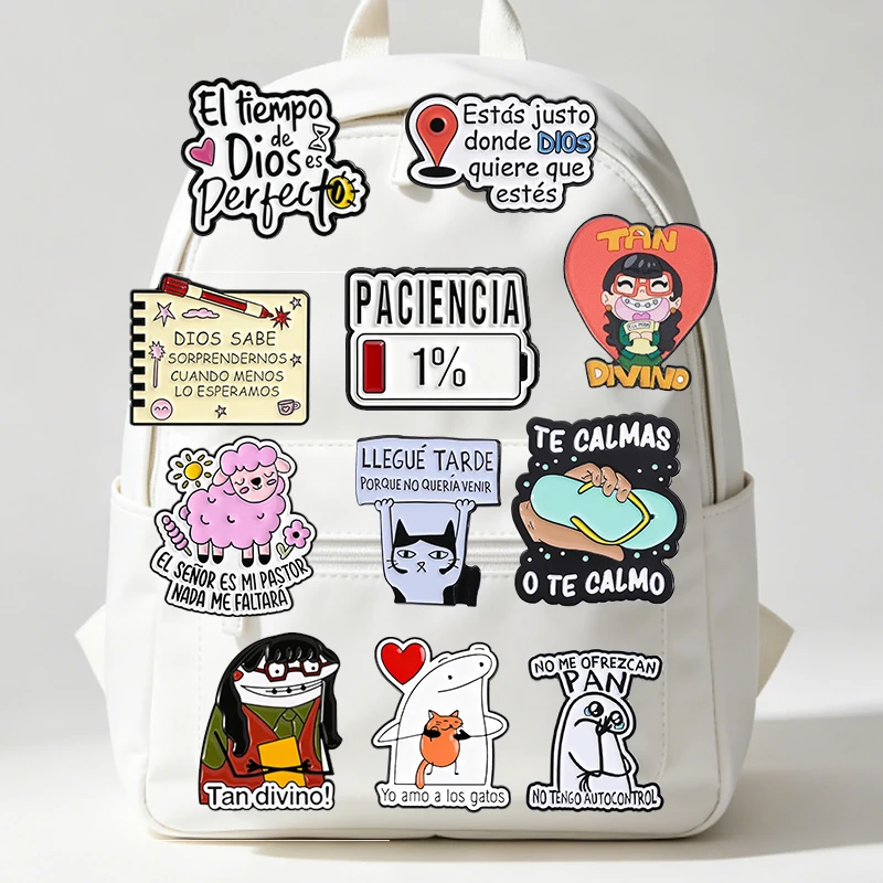 Colección de Pins Esmaltados con Citas en Español, con temas de Comedia, Chica Fea, Batería Baja, Paciencia, 1%, Memes de Flork, Biblia Española, Broches, Insignias y Joyería