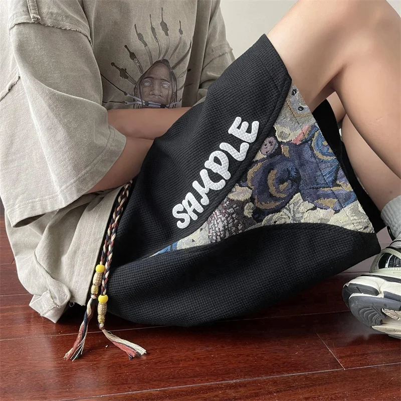 

American Retro Knitted orts Men Summer Baskeall Sport Pants Trendy Brand Youthful Haome Pants Casual Loose Fit Breathable