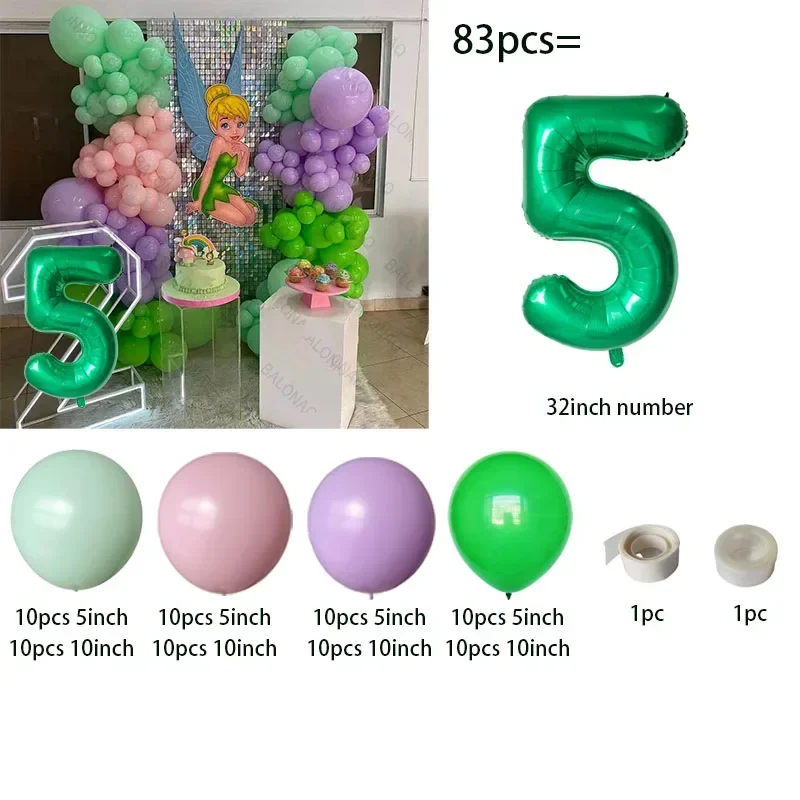 83pcs Little Fairy Balloon Green Dragonfly Princess Digital Balloon 1 2 3 4 5 6st Girl\'s Birthday Party Balloon Baby Shower Ball