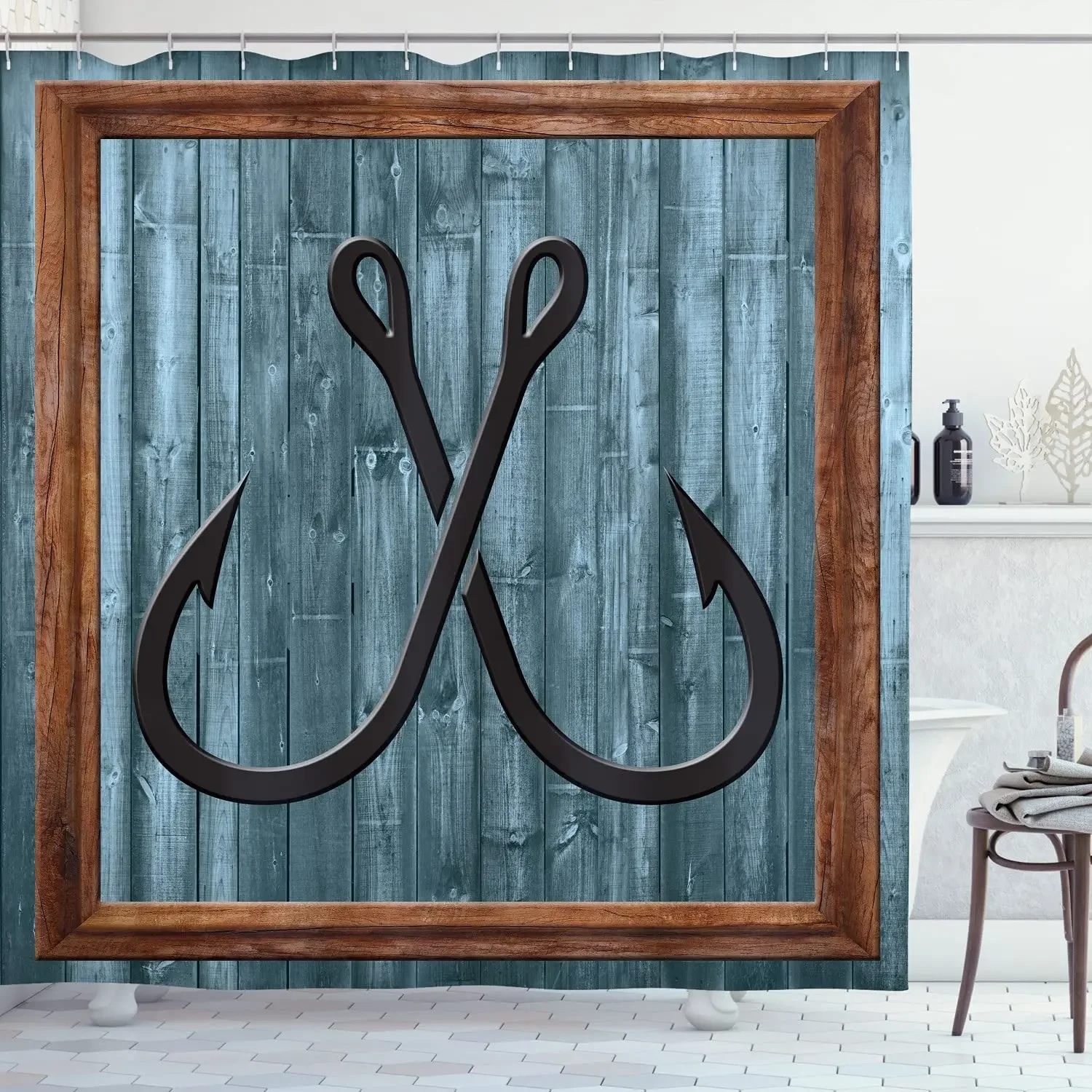 Nautisch douchegordijn kunstaas anker modern abstract schilderij houten frame rustieke stof badkamer decor set met haken