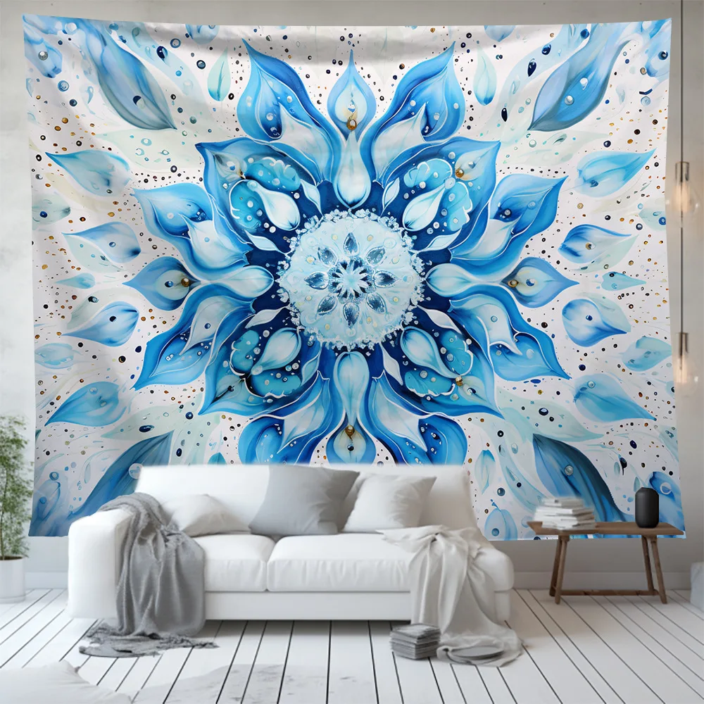Boho Floral Tapestry Mandala Wall Hanging Blue Bohemian Flower Tapestry Vintage Hippie Tapestries for Room Dorm Decor Poster
