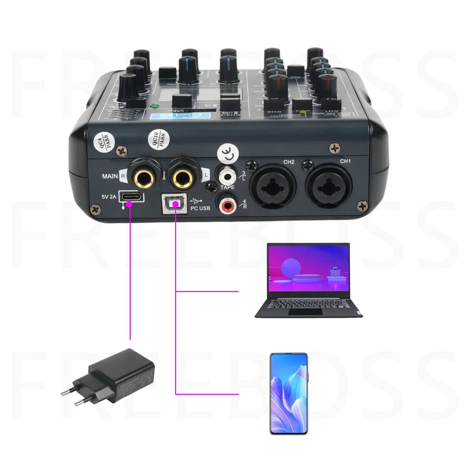 Freeboss 4 Kanaals Mini Mixing Console 24Bit 192 KHz Audio Mixer 99 DSP Effecten Bluetooth PC spelen USB Record 48 V Power AG-AS04B