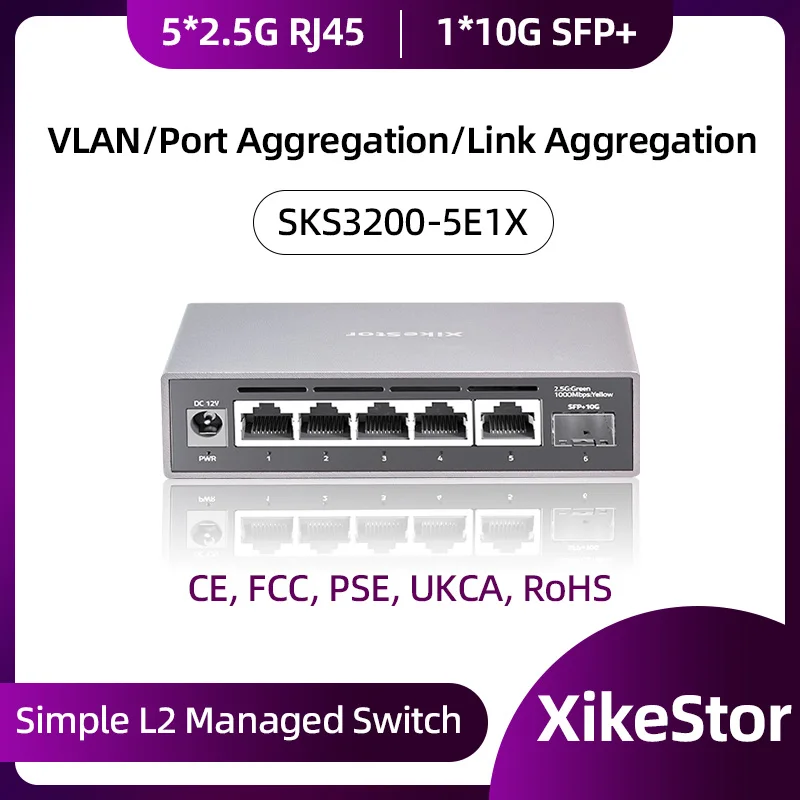 XikeStor 6-Port 2.5G Simple L2 Web مُدار 5 منافذ 2.5g RJ45 و10gbe SFP+ فتحات شبكة بدون مروحة التوصيل والتشغيل