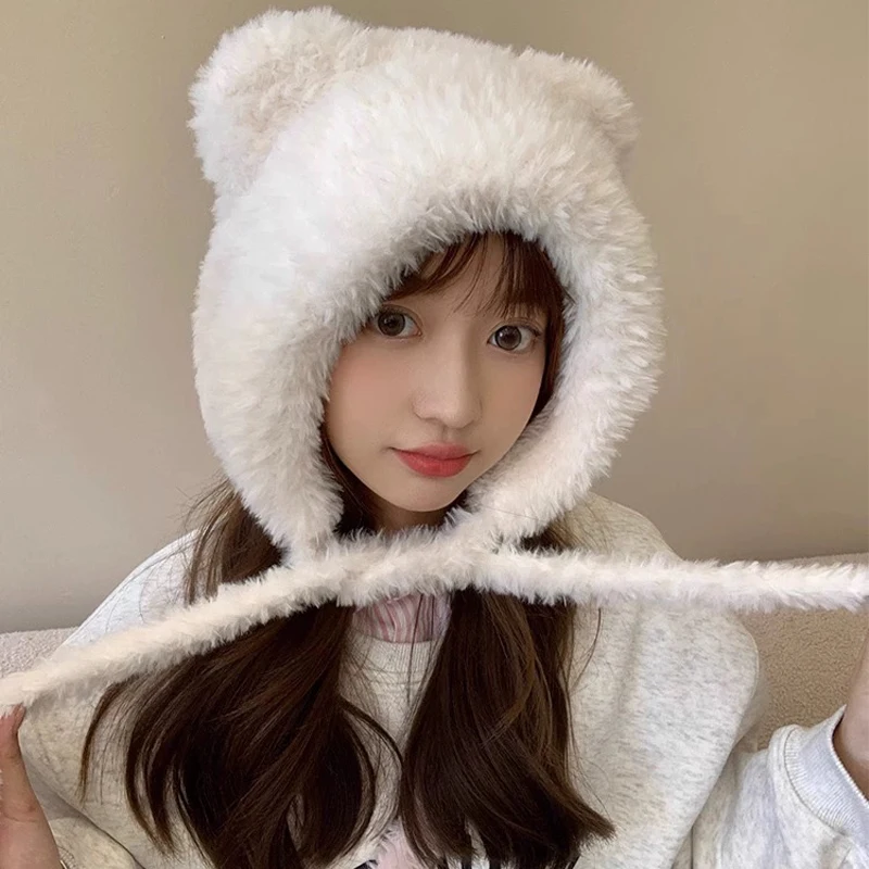 

Sweet Bear Ear Wool Hat Beanies Women Girls Cute Lace-up Ear Protection Bomber Cap Knitting Plush Skullies Bonnet Streetwears