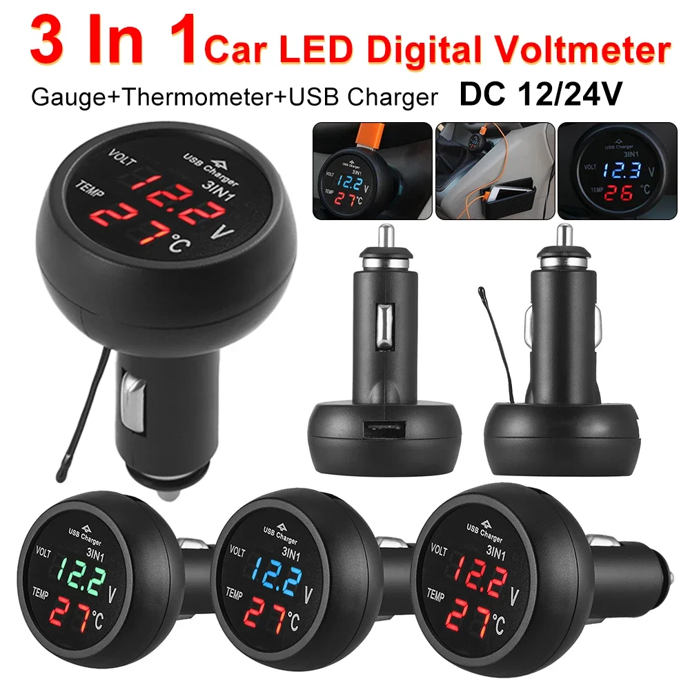 3 in 1 DC12 24V Car Volt Meter Auto Digital LED Car Voltmeter Thermometer Car Truck USB Charger Current Meter Volt Detector