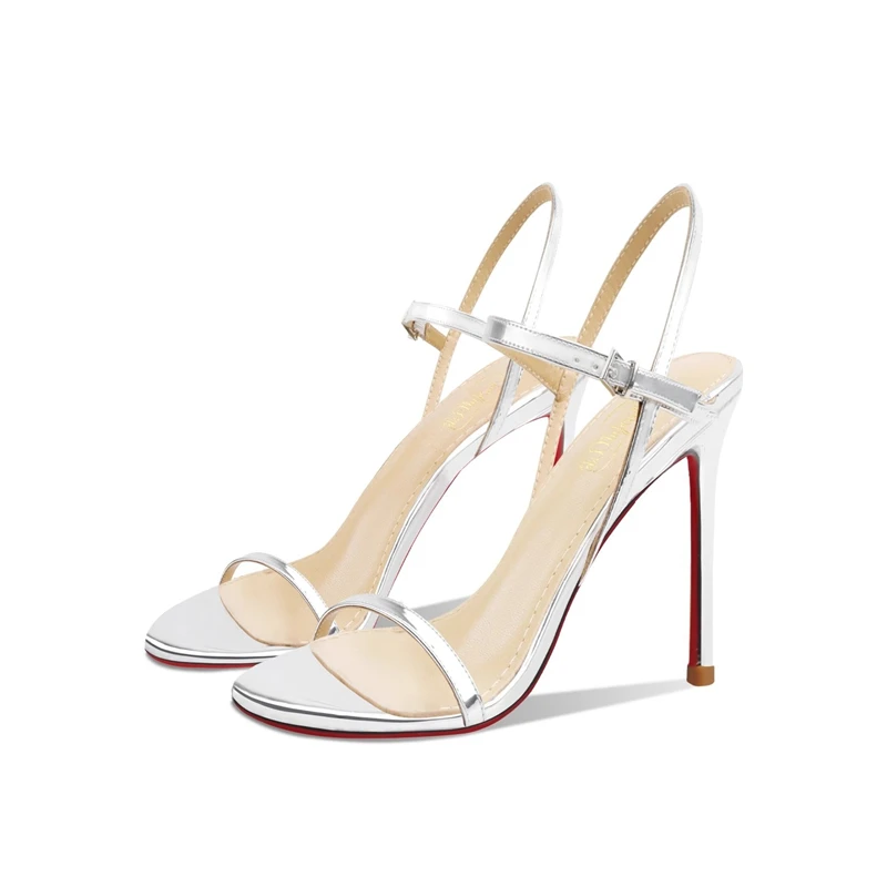 

Серебряные босоножки на высоком каблуке из лакированной кожи с открытым носком, новые летние сексуальные женские туфли на шпильке с однолинейным ремнем Royal Sister