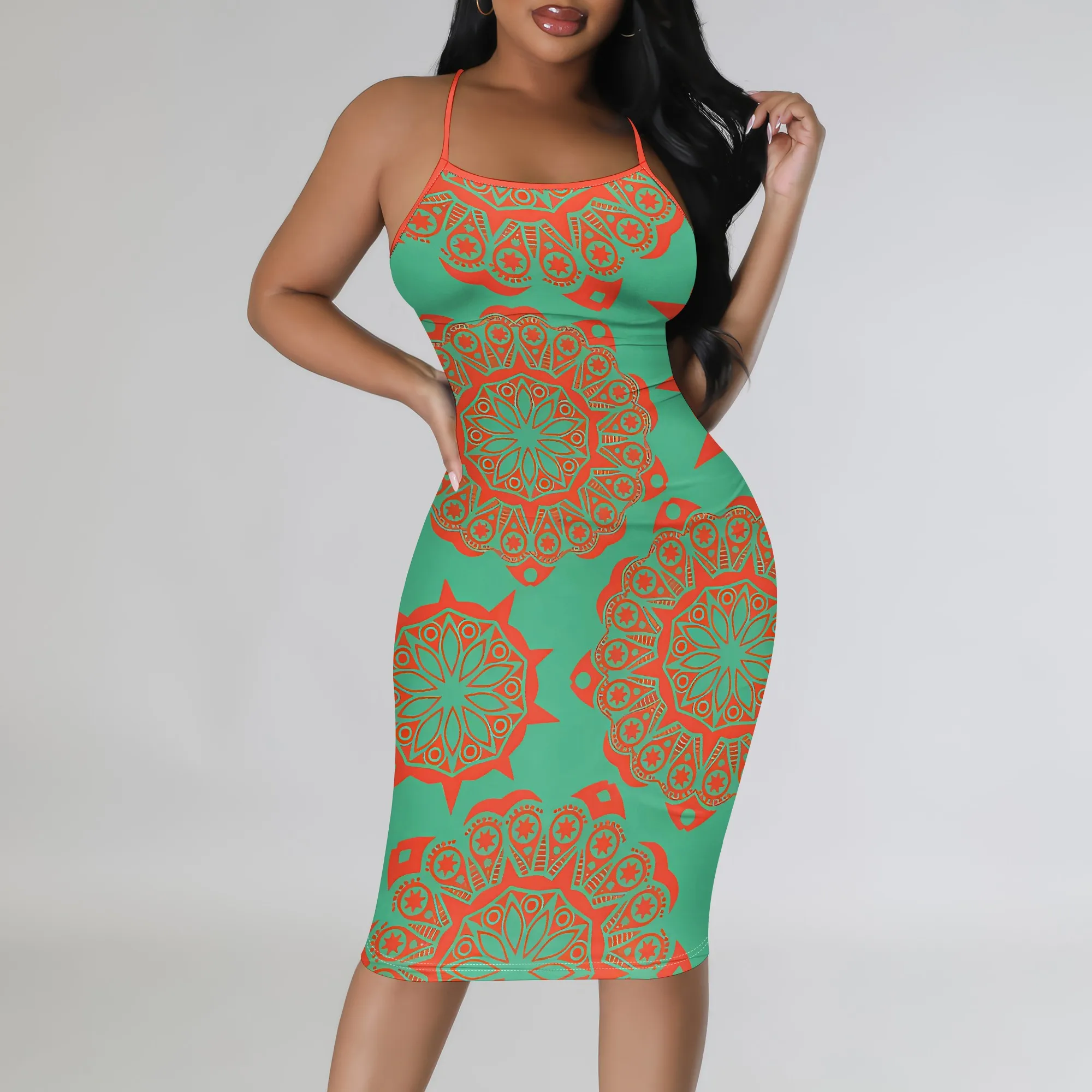 

Nupusa Mandala Print Dress for Women Standard Size Summer Casual Spaghetti Strap Midi Dress