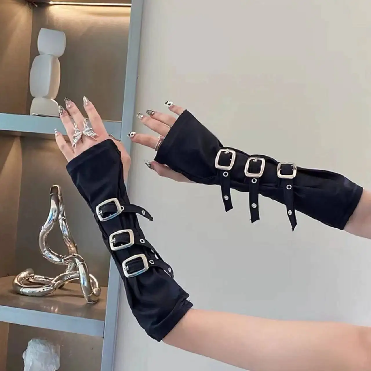 Y2K Subculture Punk Style Metal Buckle Half Finger Gloves Arm Sleeves for Cosplay Convention Wasteland Fashion Sun Protection