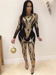 Sexy See Through Sequin Jumpsuit Fall Clothes 2024 Women Long Sleeve Bodysuit Party Nightclub Catsuit One Pieces Overalls Outfit