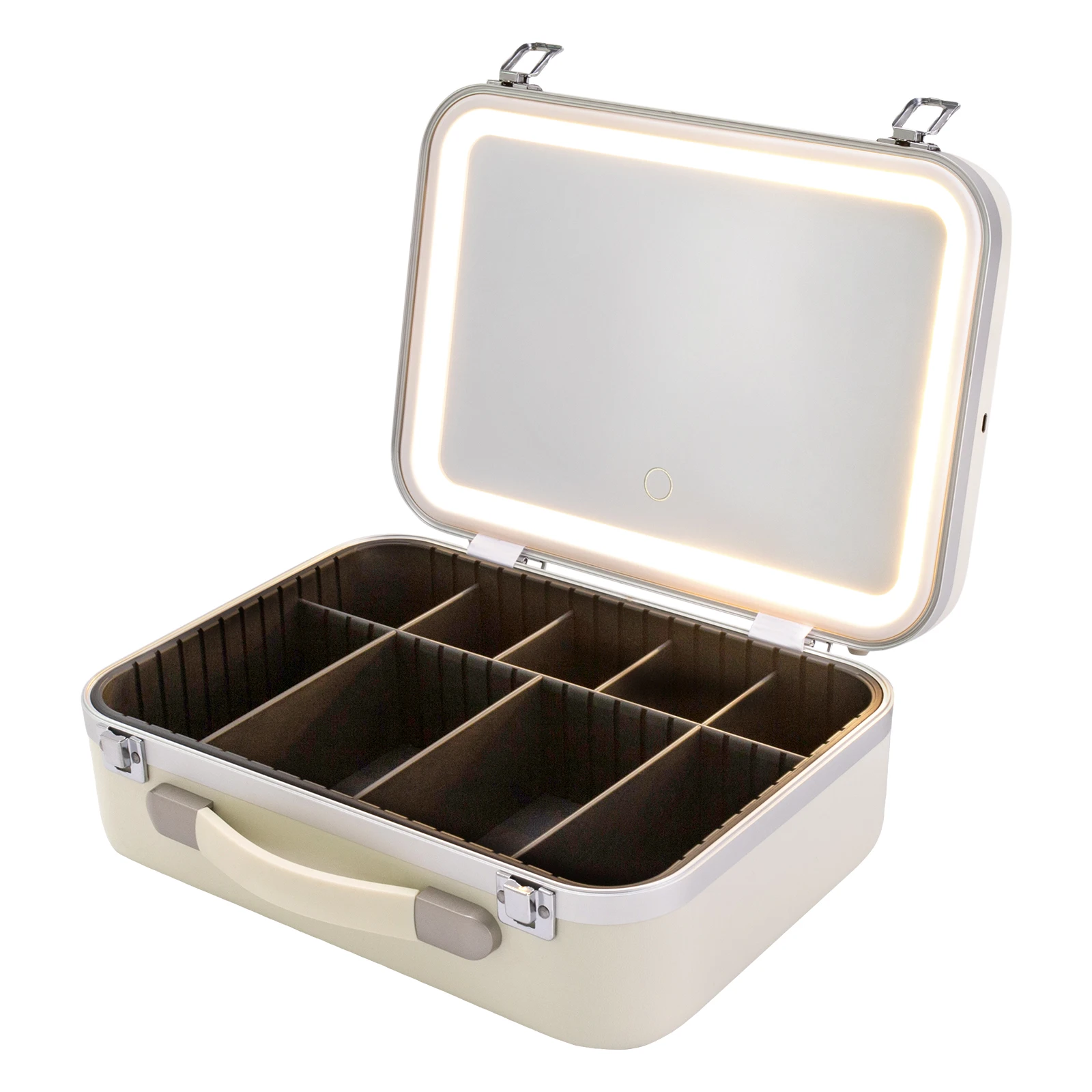 صندوق تنظيم المكياج الأبيض مع ضوء هالوجين مرآة مطور - حقيبة تخزين مستحضرات التجميل الفاخرة