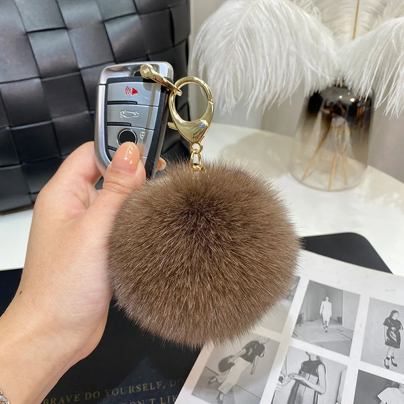 Big 9cm Fluffy Real Fox Fur Ball Pom Poms Natural Fur Pompom Leather Strap Keychain Key Chain Ring Pendant For Women Charm