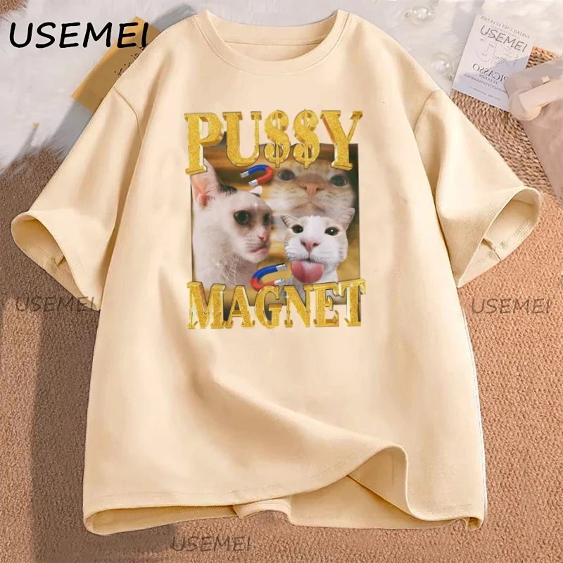 

Забавная футболка с изображением киски, волшебного кота, мем, повседневные футболки с юмором для взрослых, футболки с короткими рукавами и круглым вырезом, повседневная уличная одежда, топы унисекс
