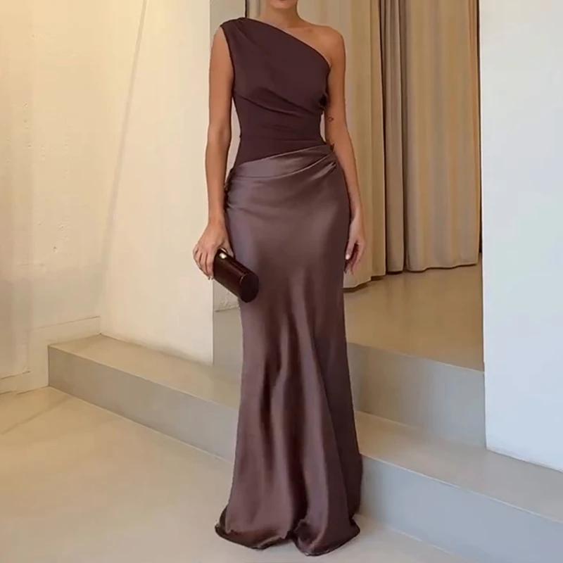 Luxuriöses, ärmelloses Satin-Wickelkleid mit Hüften, elegantes Damen-Sexy-Patchwork-dünnes Kleid 2025, lässiges, farbblockiertes Slash-Ausschnitt-Partykleid