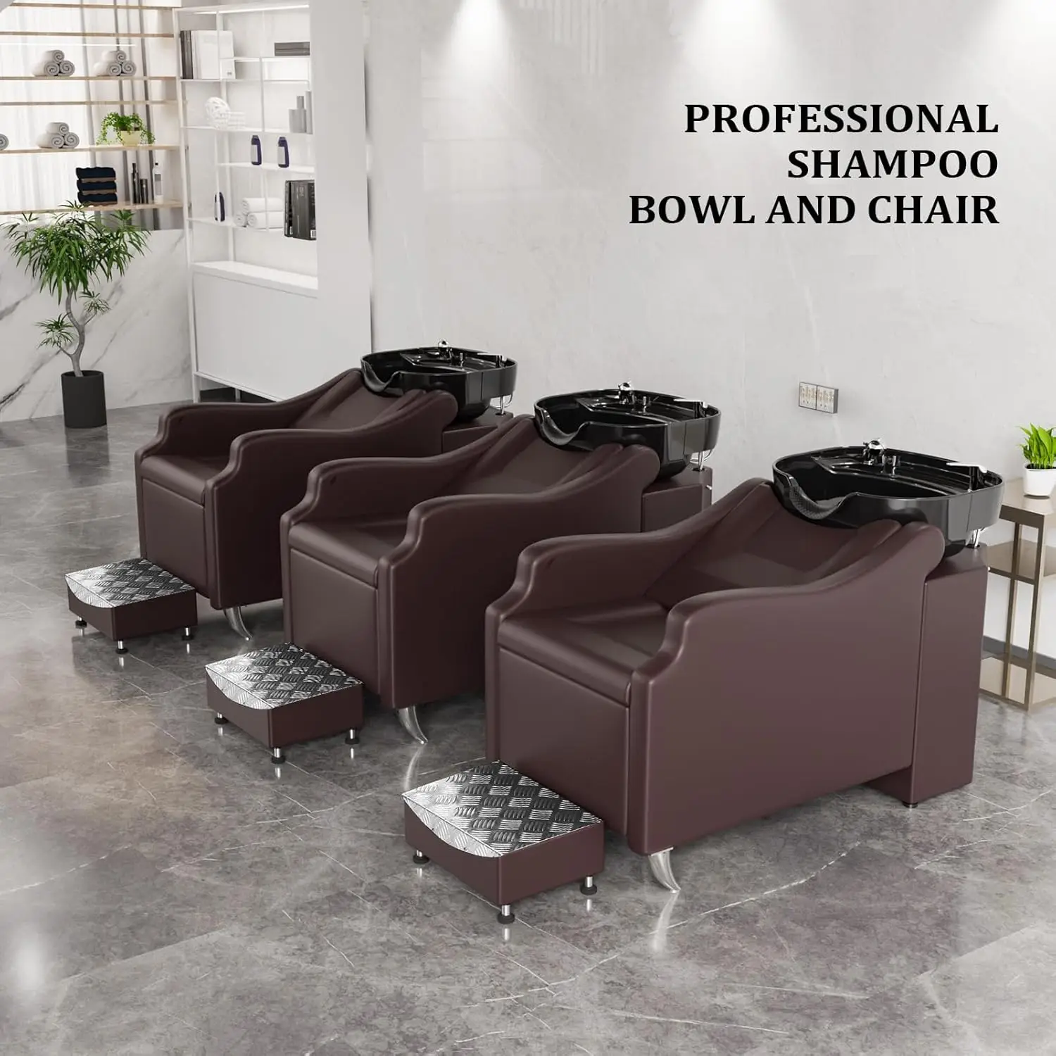 OmySalon Shampoo Backwash Unit with Black Porcelain Bowl, Salon Sink Hair Wash Chair Shampoo Station, Barbershop Beauty