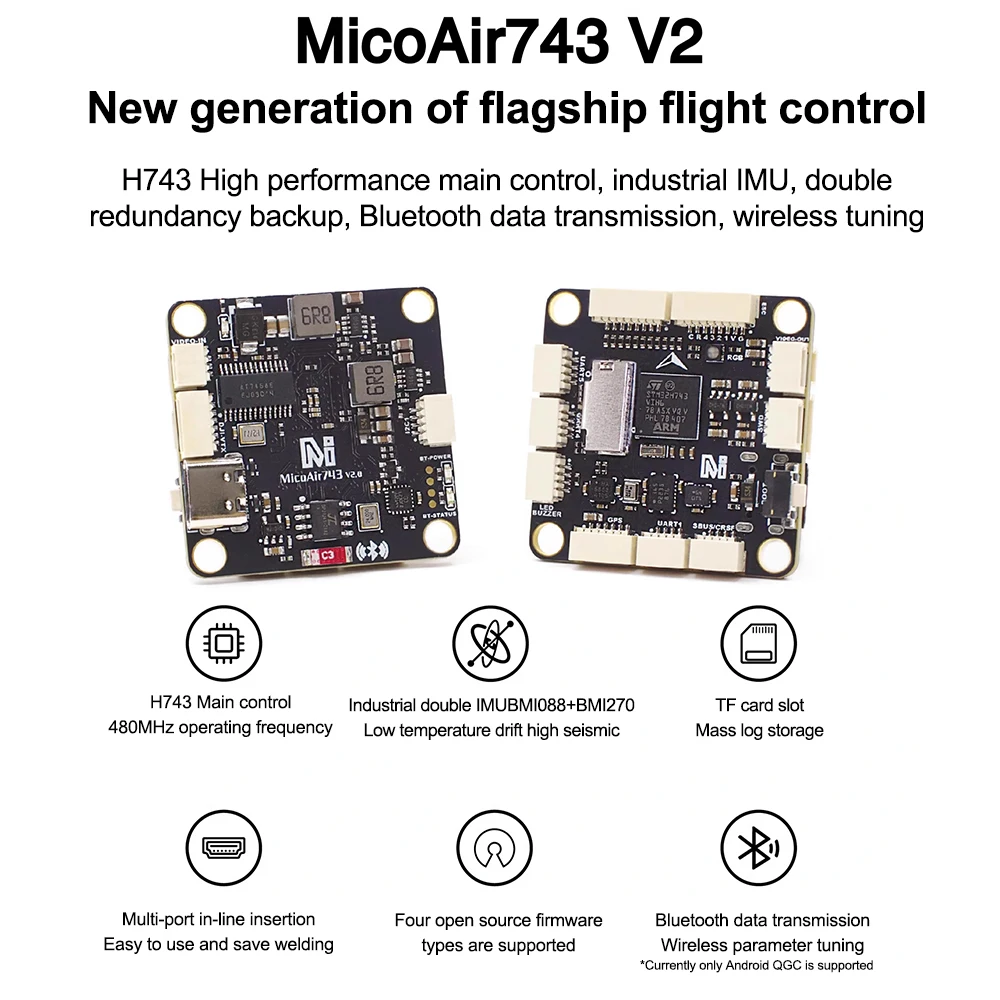 MicoAir 743 V2 Dual IMU Bluetooth Parameter Adjustment Flight Control Supports H743 Main Control 480MHz Operating Frequency