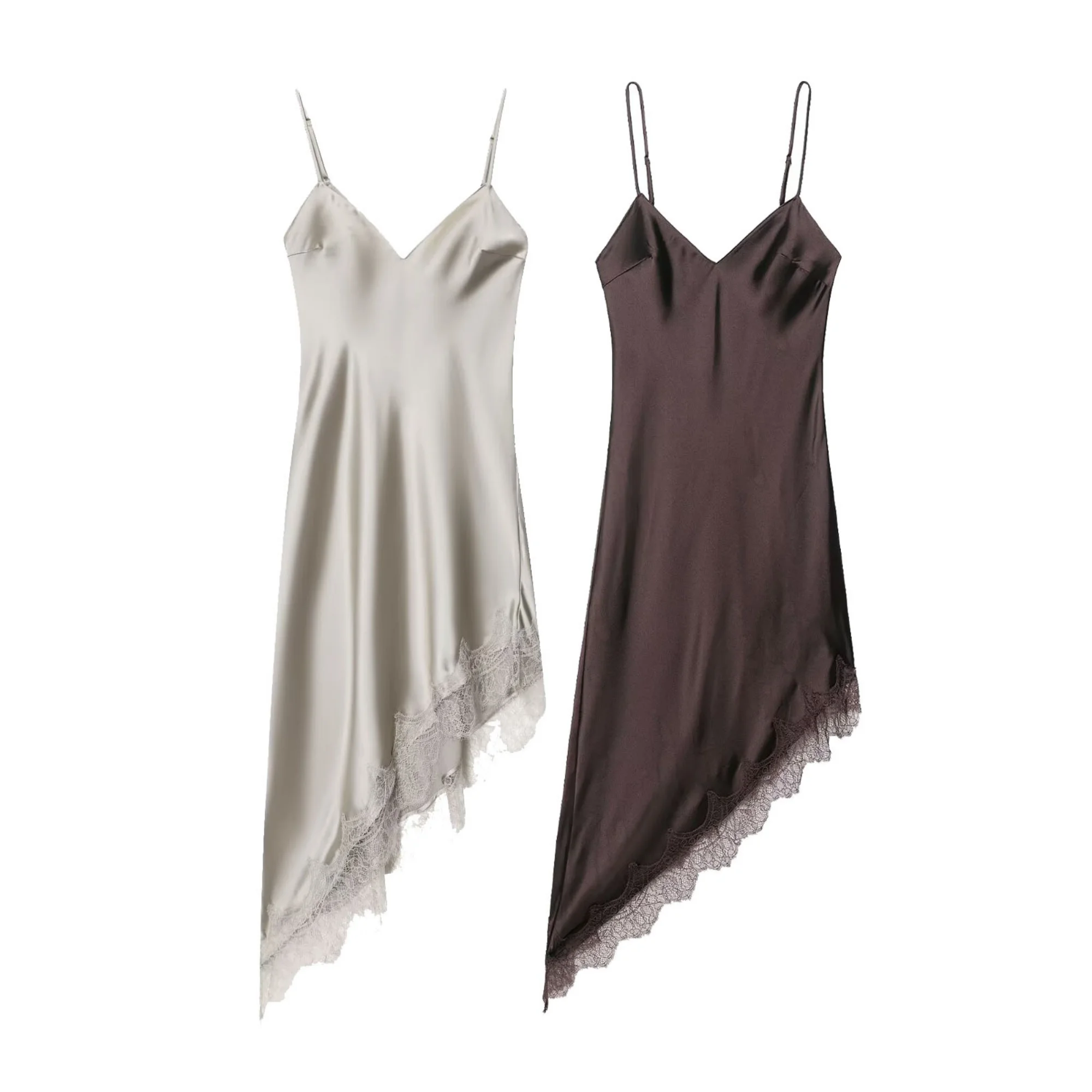 Abito lungo da donna sexy in raso di pizzo impiombato con cinturino per spaghetti 2025 Abiti da sera con orlo irregolare senza maniche con scollo a V da donna