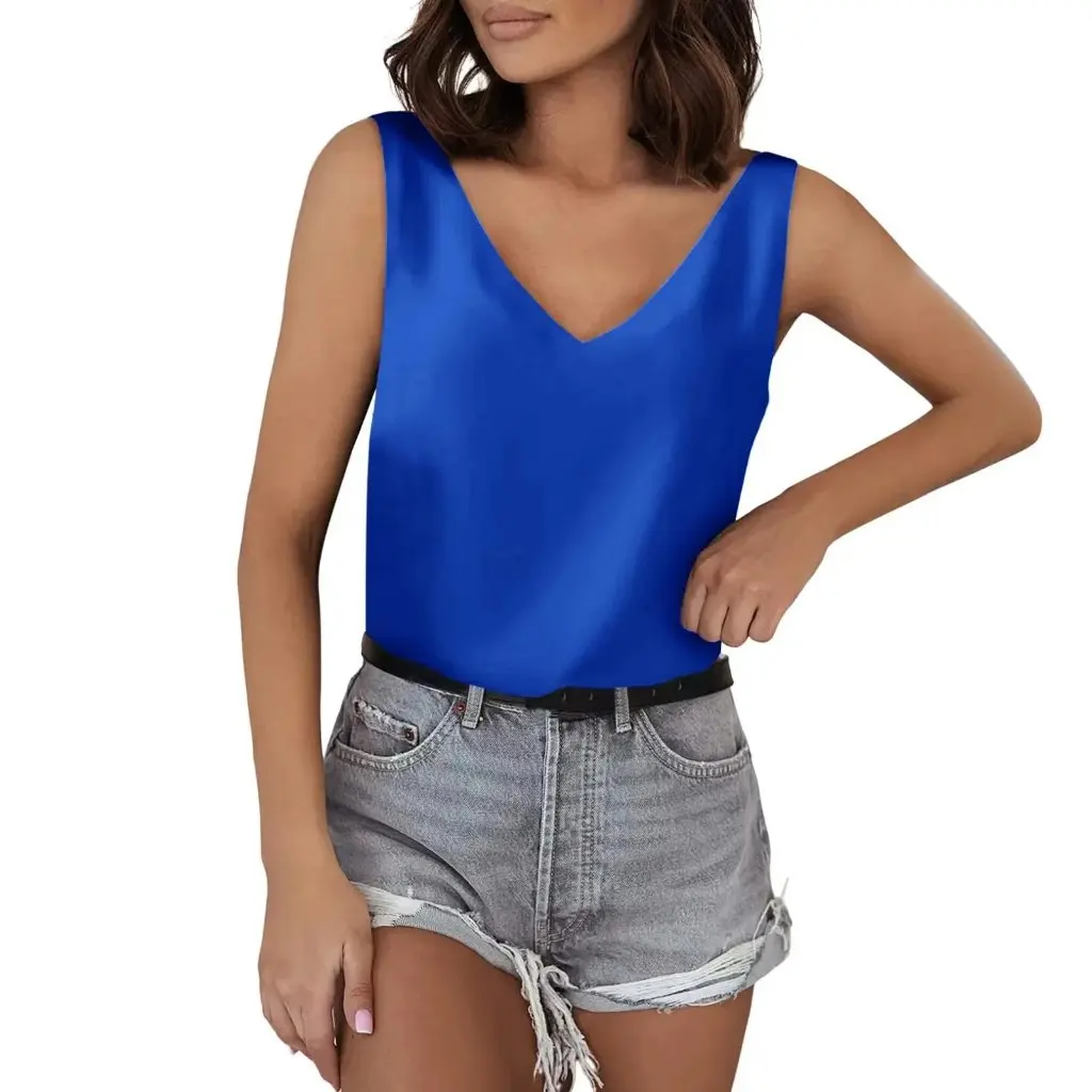 

European And American Style Solid Color Satin Vest V-Neck Casual Camisole Sleeveless Shirt Summer Basic for Women