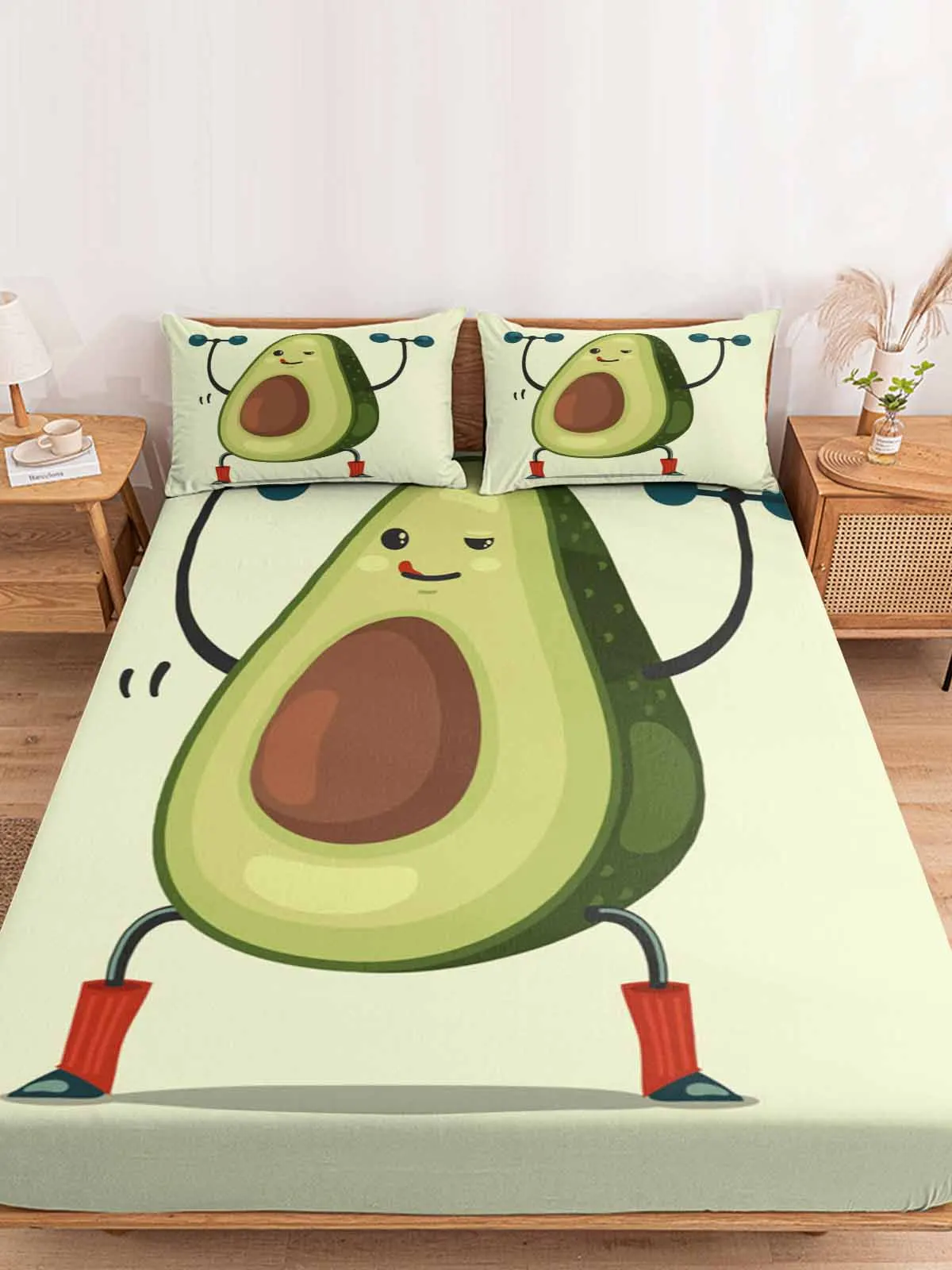 Avocado Barbell Cute Queen Size Bed Mattress Fitted sheet Elastic Rubber Band Non-slip Bed Sheet Pillowcase Set