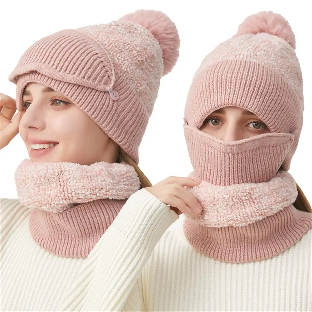 Outdoor 3 in-1 Winter Beanie Hat with Pompom Slouchy Fleece Lined Hooded Neck Gaiter and Mask Knitted Warm Skiing Hat Set