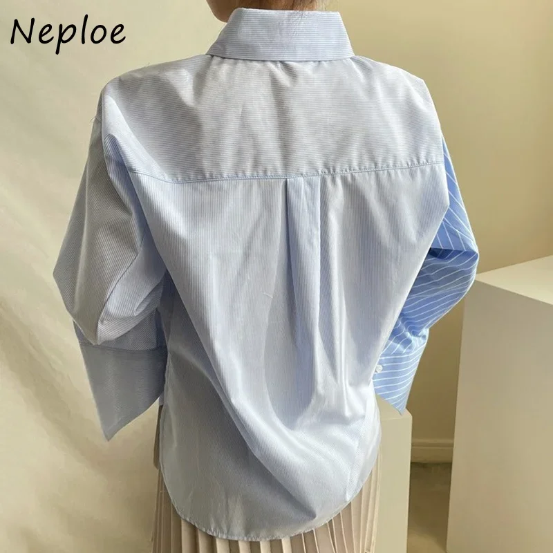 Neploe Coreano Colletto Irregolare Design Camicetta A Maniche Lunghe Delle Donne di Colpo di Colore A Righe Patchwork Allentato Blusas Primavera