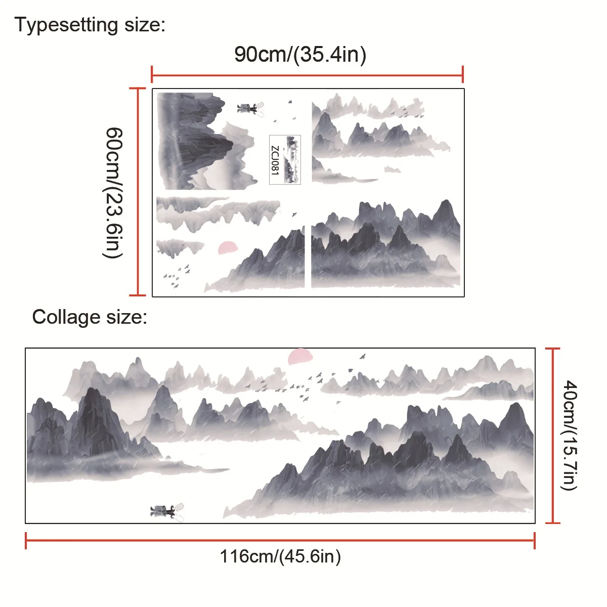 Pegatina de pared creativa de paisaje de puesta de sol de serie de estilo chino de 4 piezas, Mural decorativo de fondo para sala de estar y